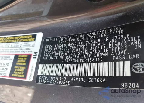 2011 Toyota Camry Xle from USA, damaged, VIN 4T4BF3EK8BR158148